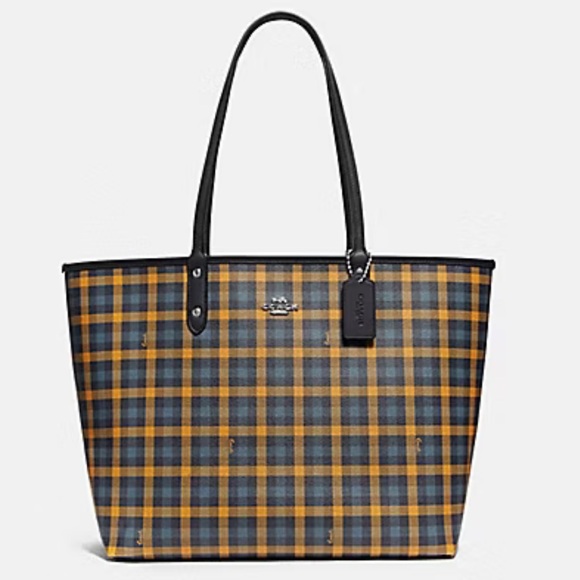 Coach Handbags - Coach Reversible City Tote  Gingham Print Navy  Yellow RARE Excellent Condition